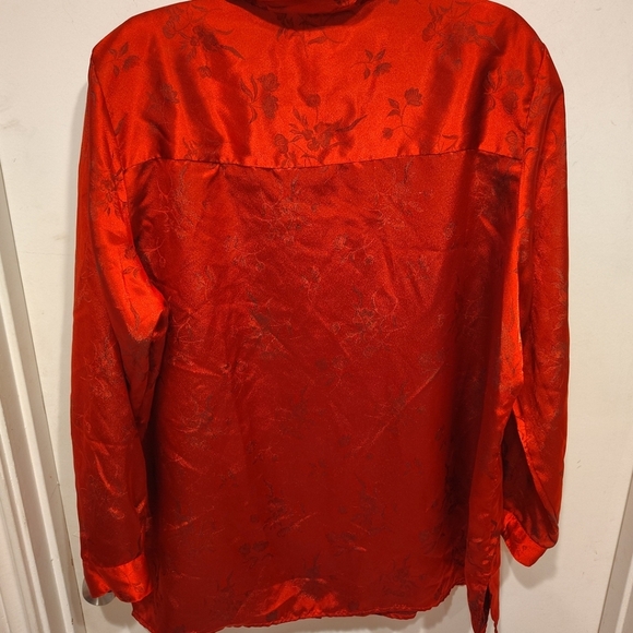 Liz Baker Floral Red Satin Long Sleeve Button Down Shirt Sz 2X Career Casual - Picture 5 of 5